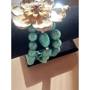 Floral Stretch Bracelet Turquoise Cream Enamel Flower Statement Botanical Whimsy